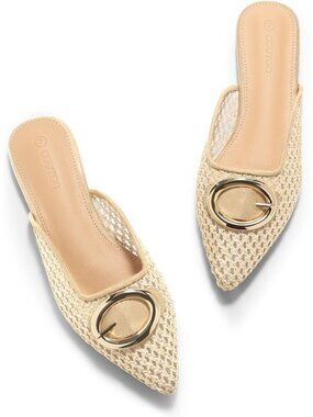 Women's Beige Flats Mules Metal Closed Pointed Toe Slip On Summer Dress Shoes